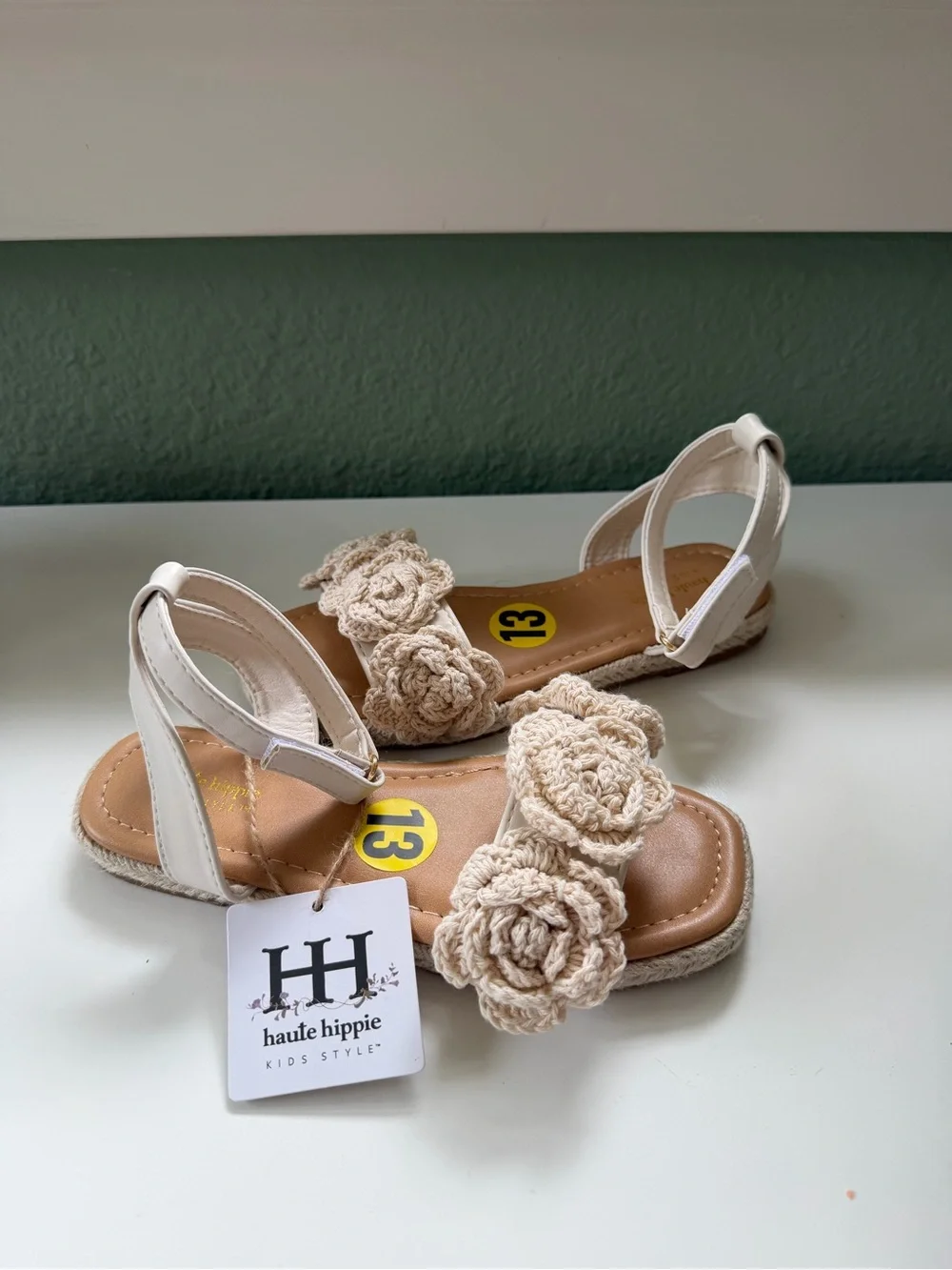 Haute Hippie Kids White and Beige Crochet Rosette Sandals